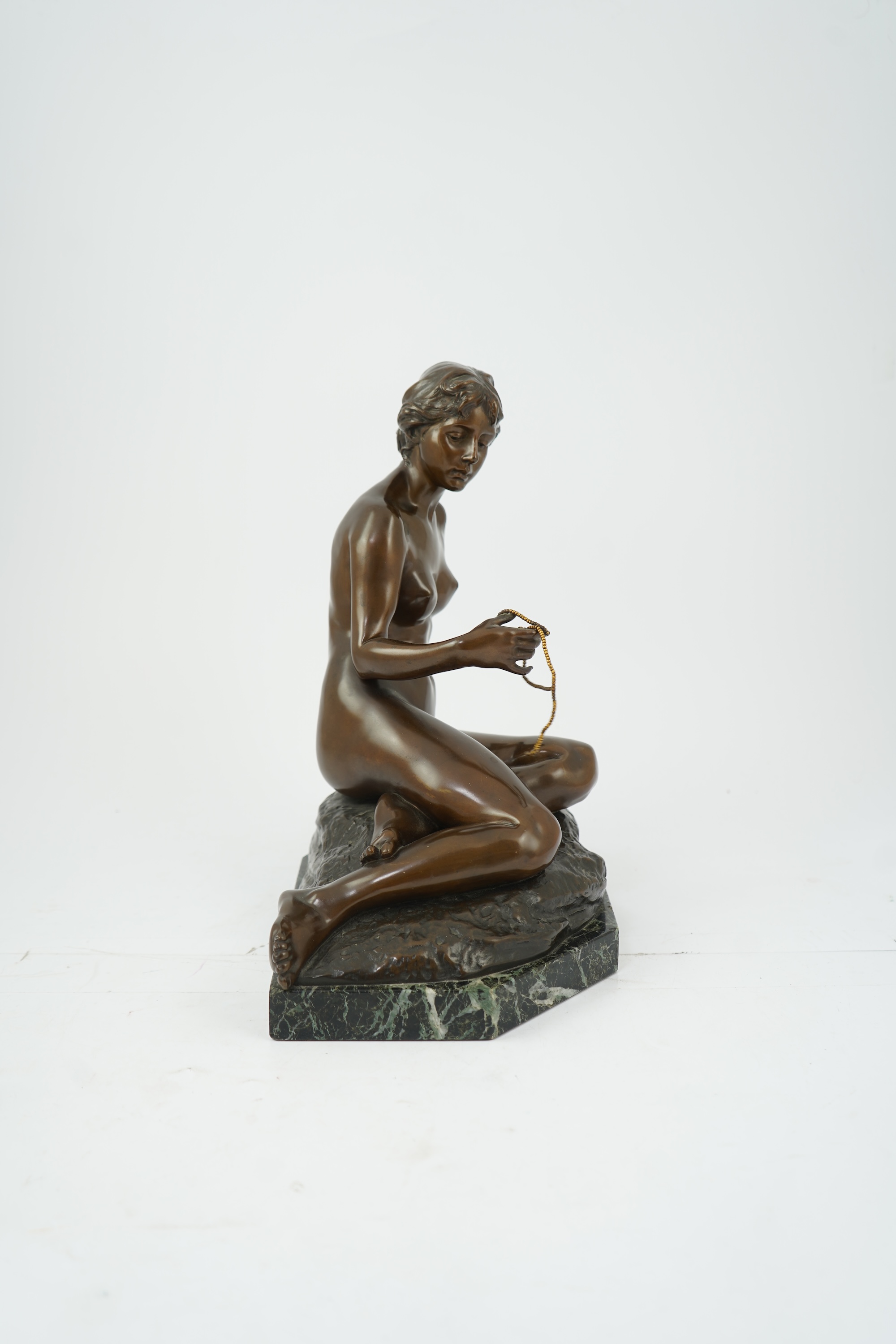 After Arnold Katsch (German, b.1861), an Art Nouveau bronze figure of Psyche, with foundry mark to reverse ‘Gladenbeks Bronceciesserei’, on serpentine marble base, missing butterfly from hand, 34cm
